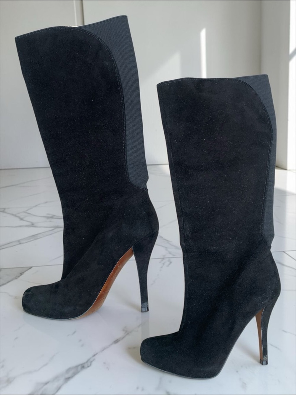 Enzo Angiolini Yabbo Black Suede Knee High Stiletto Boots Elastic Calf Sz 7.5